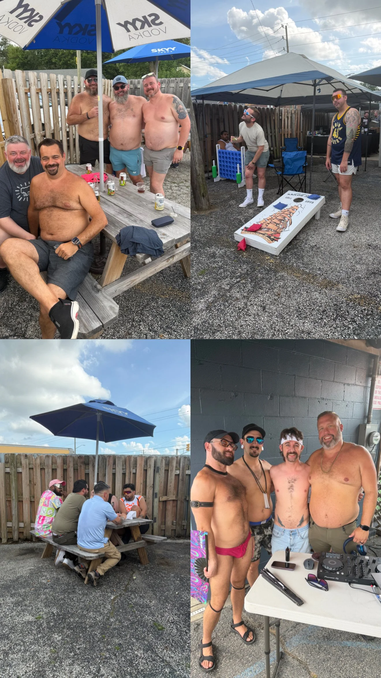 Four separate scenes of men enjoying a summer gathering outdoors with some shirtless, under umbrellas, sitting or standing near a wooden fence, playing cornhole, and socializing with DJ equipment in a parking lot.