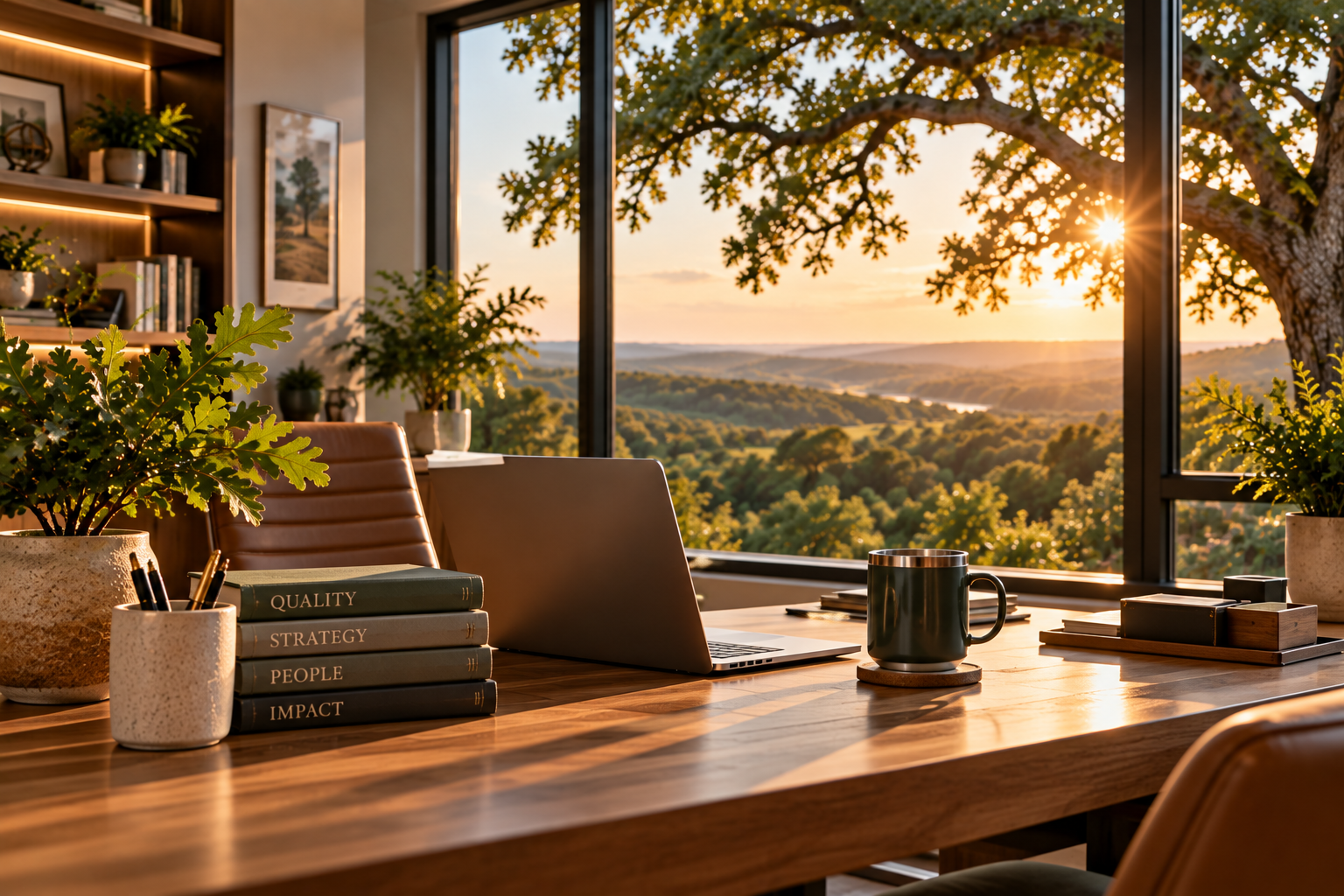 A modern office desk with a laptop, a coffee mug, and books, set near a large window overlooking a scenic landscape during sunset.