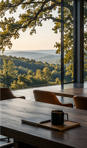 Interior view of a modern room with a large window overlooking a lush, green landscape with rolling hills and trees during daytime, with a table, chairs, a notebook, and a coffee mug inside.