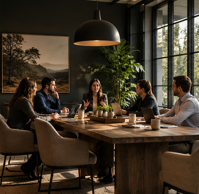 Business meeting with six people seated around a wooden table in a modern conference room, with laptops, notebooks, and coffee mugs, large windows, and a large potted plant.