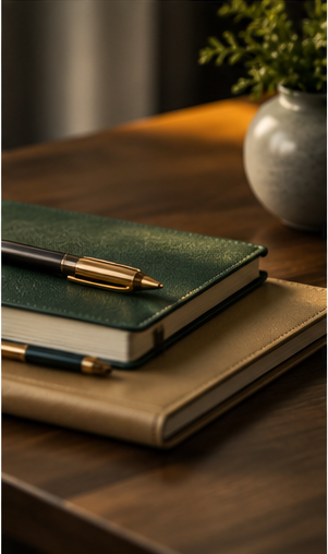 Stack of notebooks with a gold pen, on a wooden desk, with a potted plant in the background.