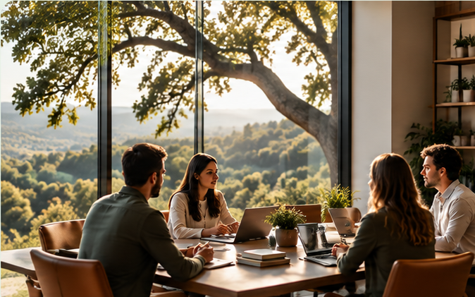 Four people sitting around a conference table in a modern office with large windows showing a scenic outdoor landscape, engaged in a meeting.