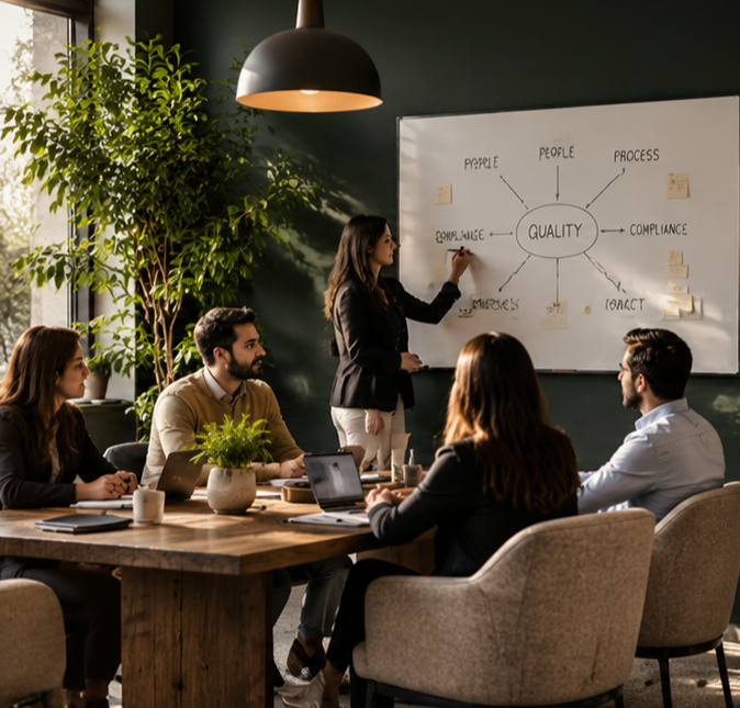 Business team in a meeting room listening to a woman giving a presentation on quality management, with a whiteboard displaying a diagram.