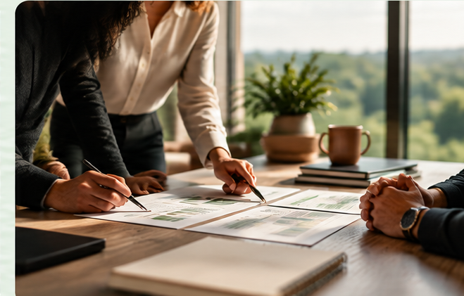 People reviewing documents and discussing work at a table in a bright office with large windows and potted plants.