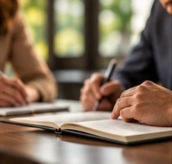Two people sitting at a table with an open notebook and pens, engaging in a discussion.