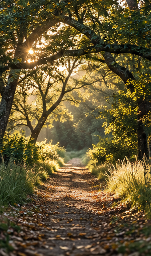 A sunlit dirt path through a lush, green forest with tall trees arching overhead and sunlight filtering through the leaves.