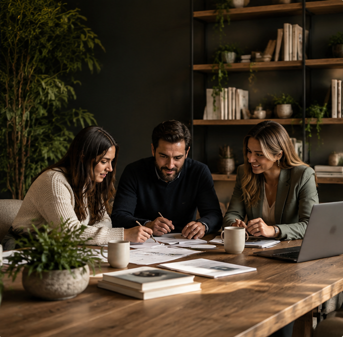 Three people sitting at a wooden table engaged in a discussion with papers, notebooks, and coffee mugs, in a room with bookshelves and plants.