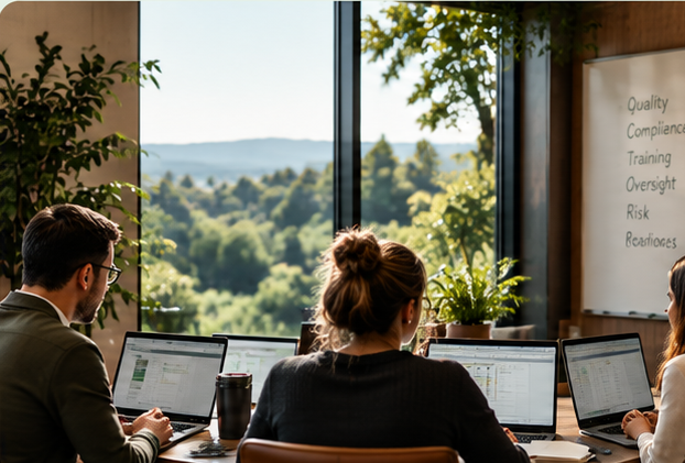 Three people working on laptops in a conference room with large windows overlooking a green, hilly landscape