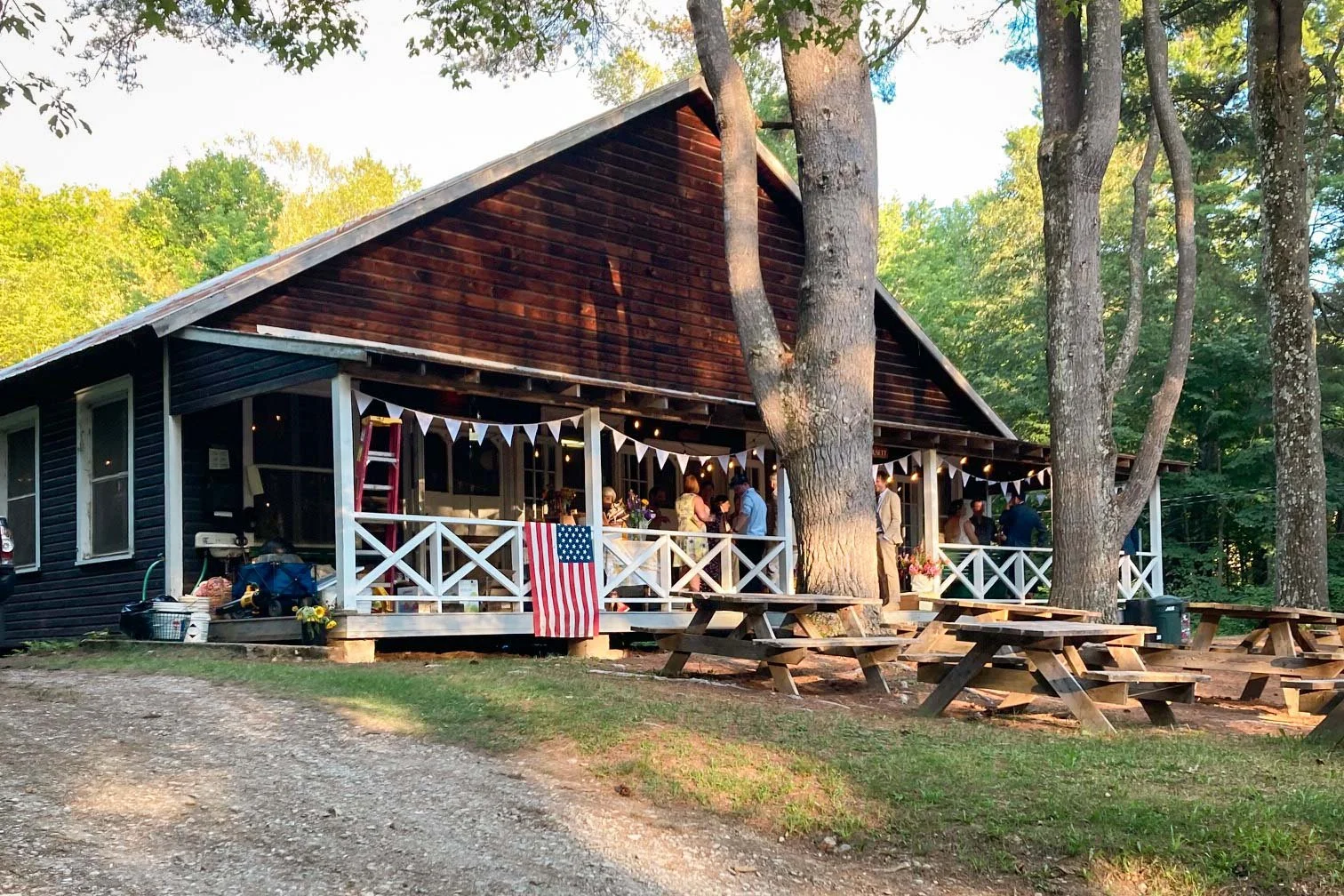 Dining hall exterior decorated for a wedding reception.