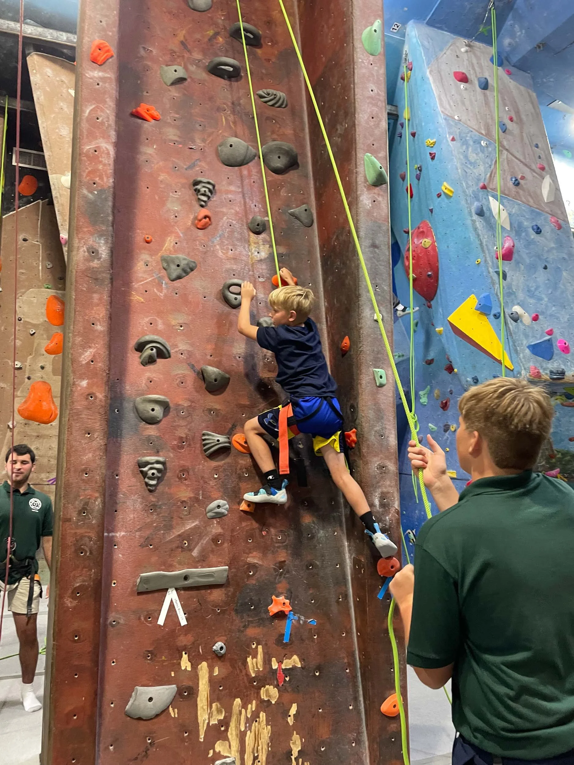 A young boy climbing an indoor rock wall.