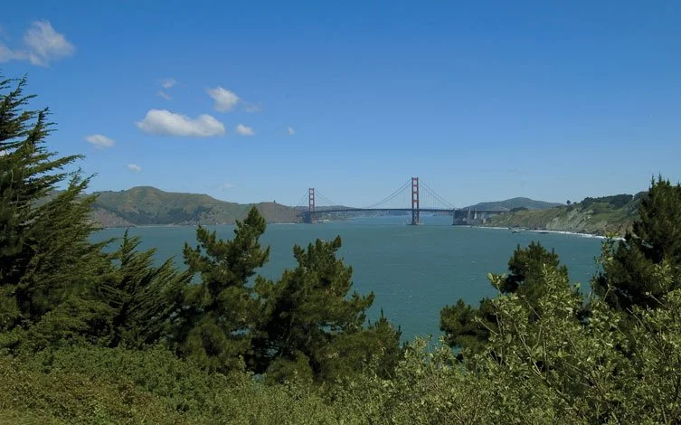 View of the Golden Gate Bridge over the water, with green hills and trees in the foreground under a blue sky with a few clouds.