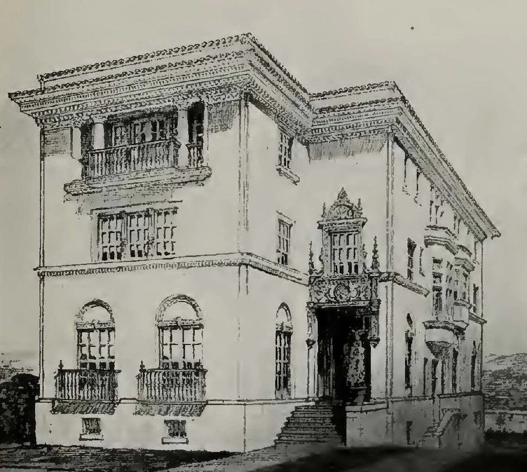 Black and white sketch of a multi-story historic building with decorative architectural details, balconies, and a staircase leading to the entrance.