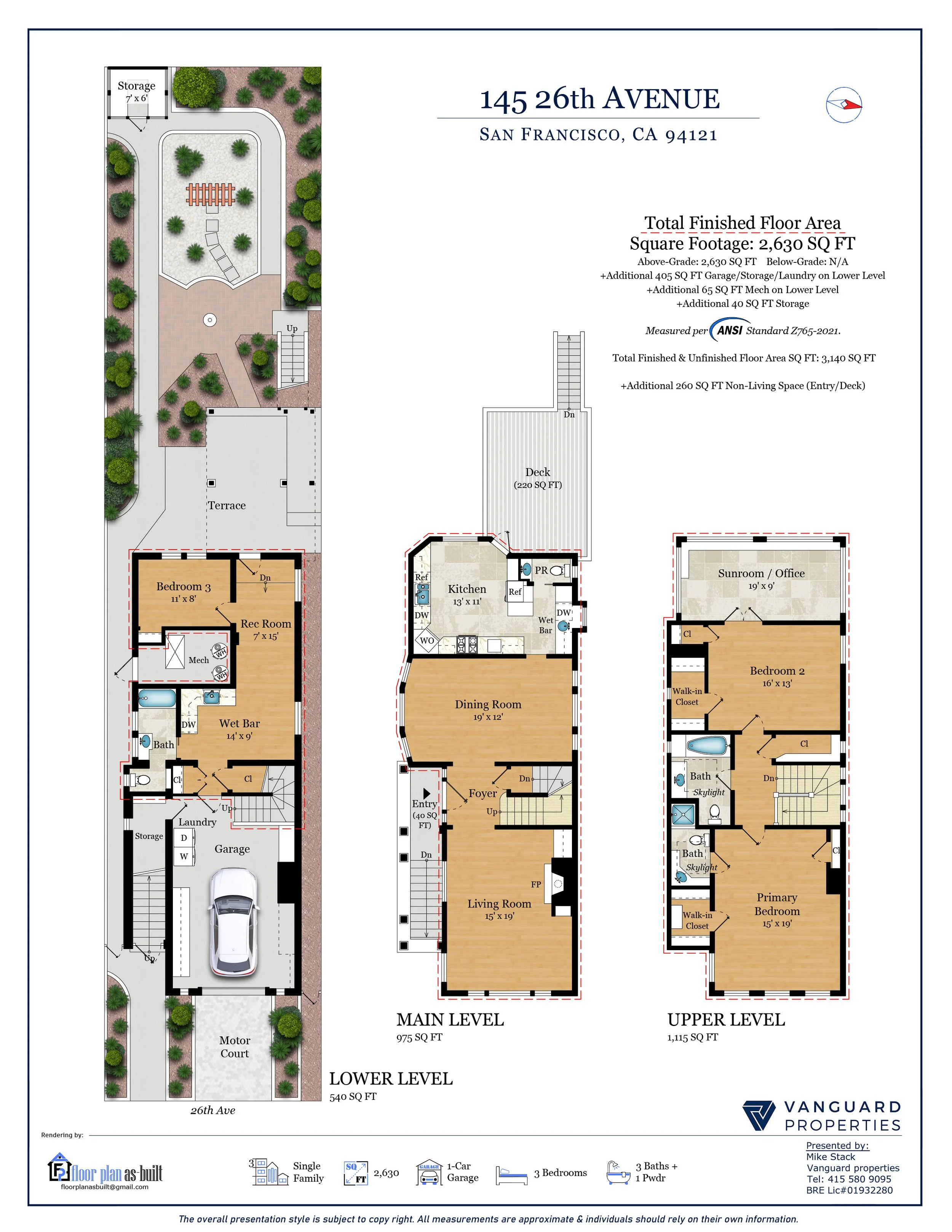 Architectural floor plan of a house at 145 26th Avenue, San Francisco, CA 94121, showing multiple levels including basement, main, upper, and lower levels, with rooms, stairs, garage, outdoor areas, and landscaping.