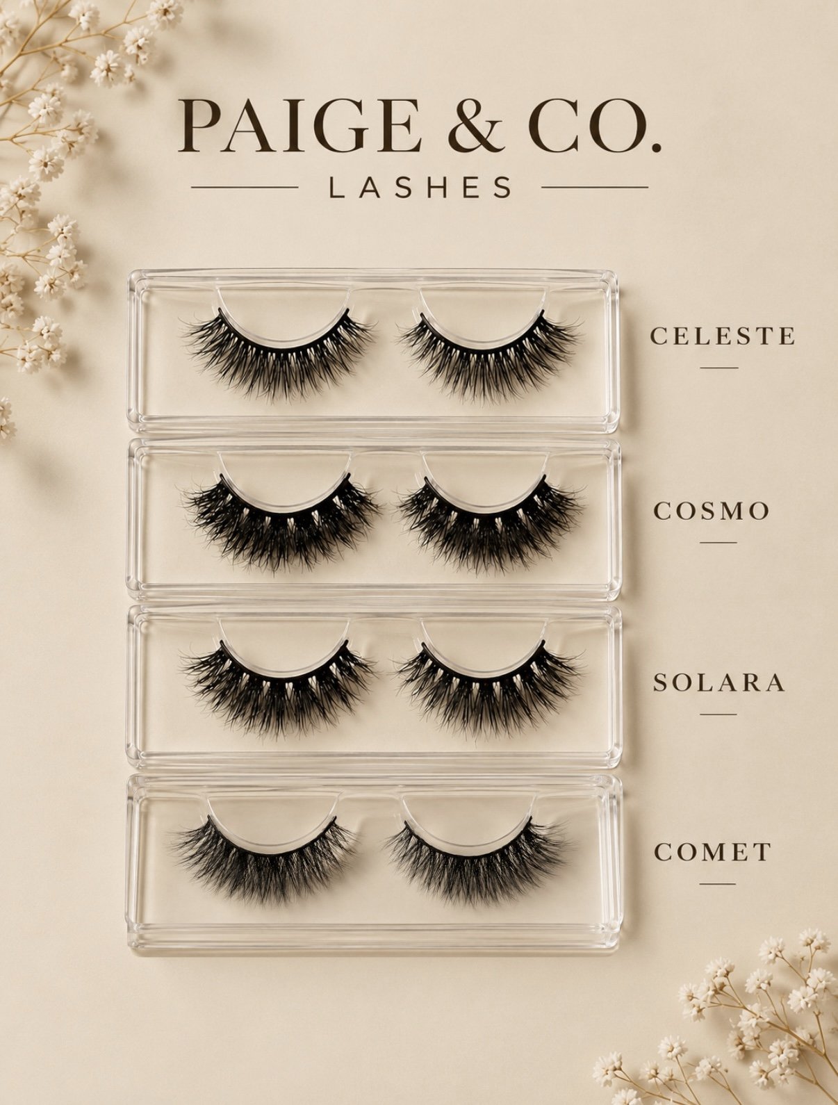 Four pairs of false eyelashes displayed in clear cases, labeled from top to bottom as Celeste, Cosmo, Solara, and Comet, arranged vertically on a cream-colored background with flowers on the side.