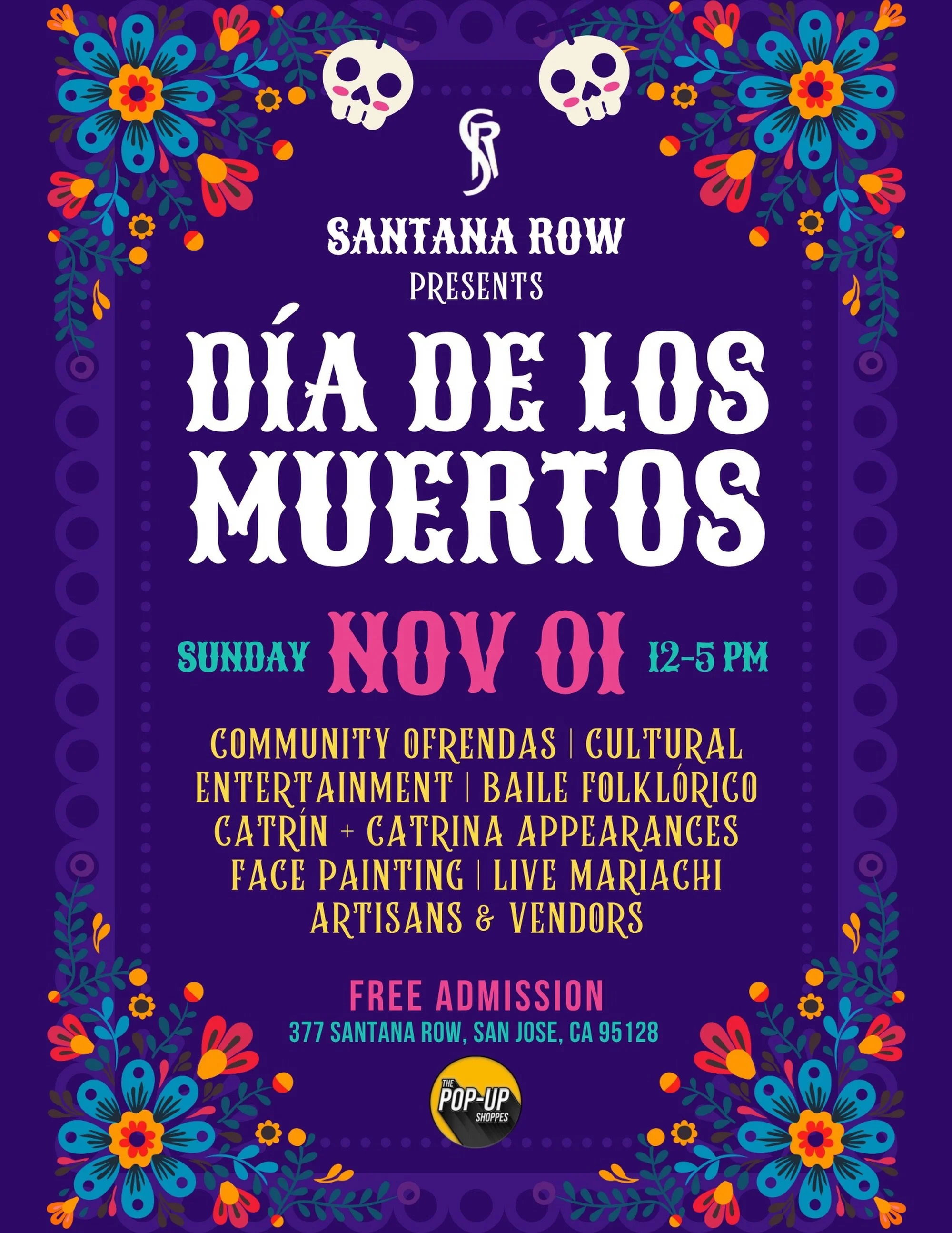 🌼💀 SAN JOS&Eacute;! A Celebration of Life, Culture &amp; Remembrance! 🧡✨

Join us Sunday, November 1, as Santana Row comes alive with color, music, tradition, and community for a beautiful D&iacute;a de los Muertos celebration!

Explore our Marigo