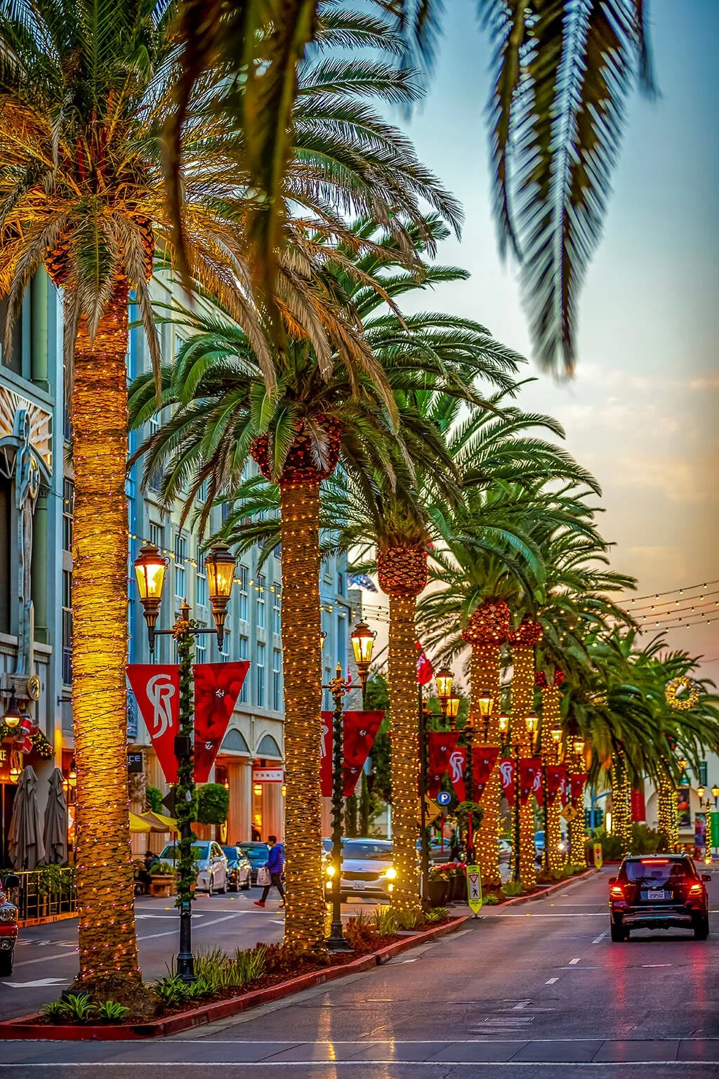 Street lined with tall palm trees decorated with string lights, illuminated lamps, colorful banners, and storefronts, during dusk.