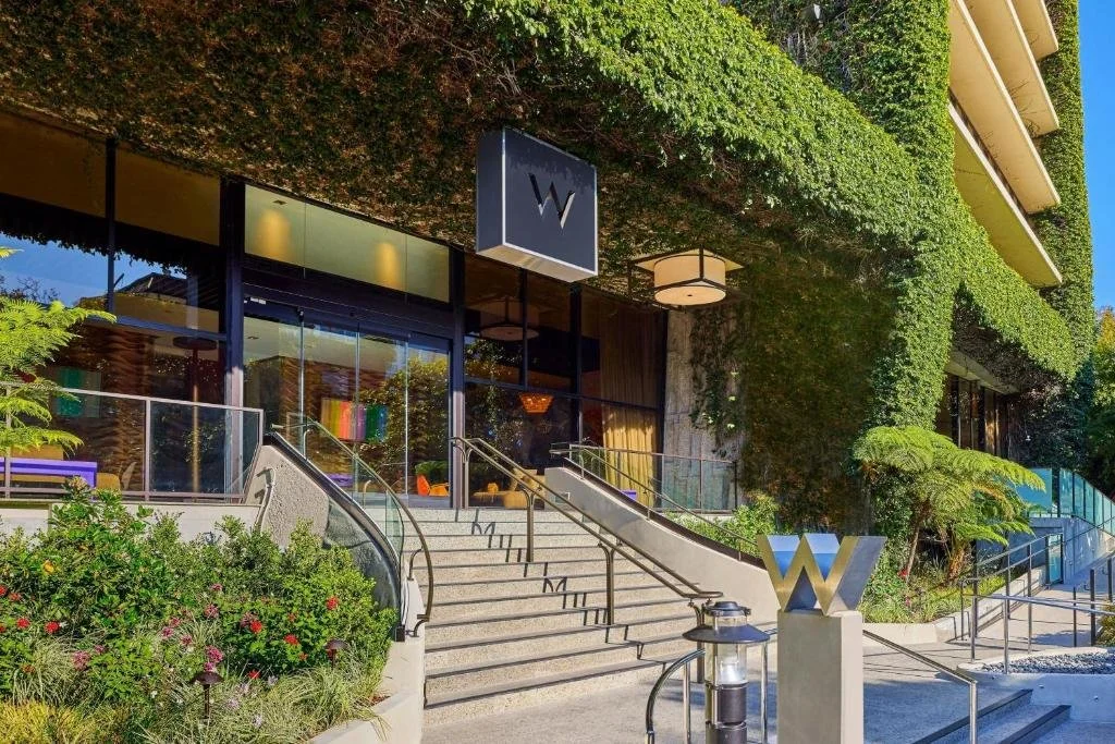Modern building with large glass windows and a staircase, surrounded by greenery and bushes, with a large 'W' sign above the entrance.