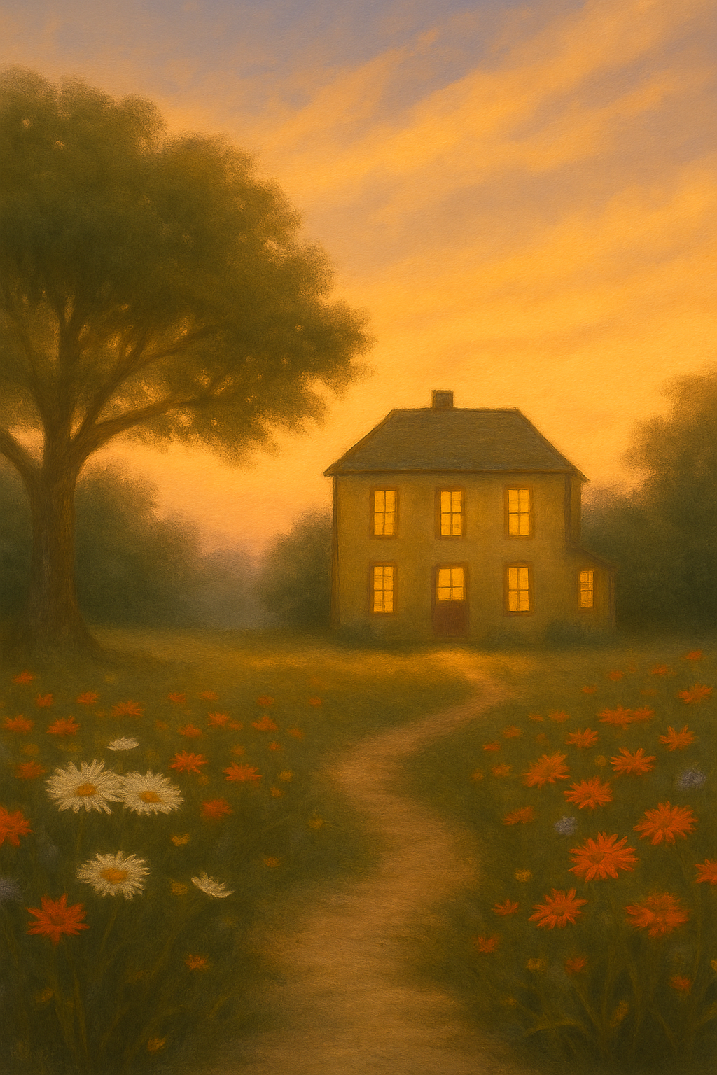 Pathway to a two-story house in a field of wildflowers, sunset sky.