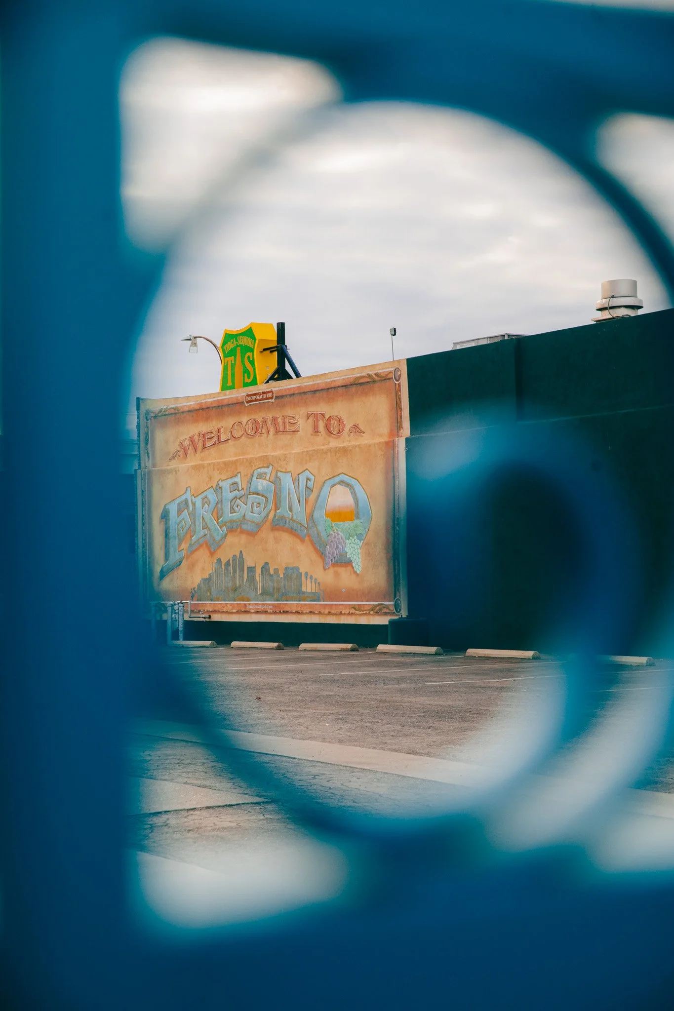 A large sign reading 'Welcome To Freedonia' seen through a fisheye lens in a parking lot, with a yellow and green sign for Trader Joe's visible in the background.