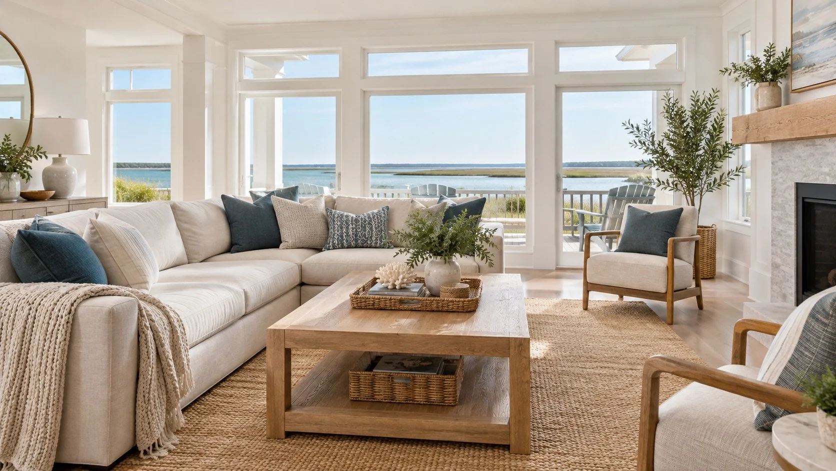Illustrative coastal living room with linen seating, teal cushions, and neatly arranged surfaces