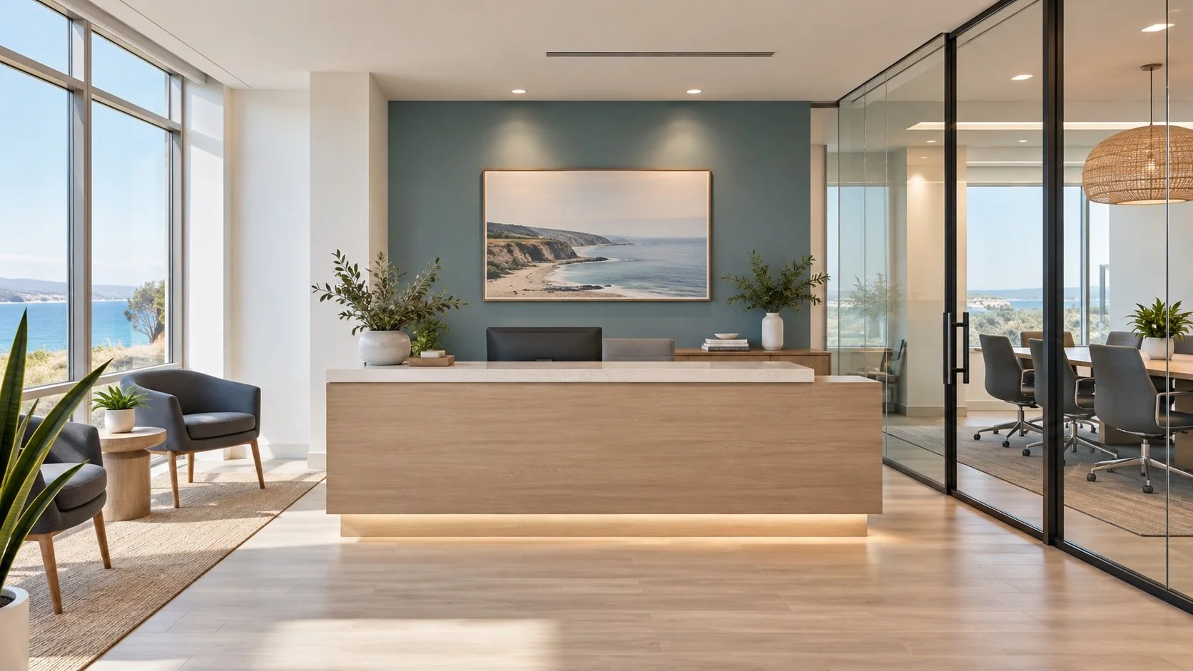 Illustrative modern office reception with clean glass partitions, light wood surfaces, and teal accents