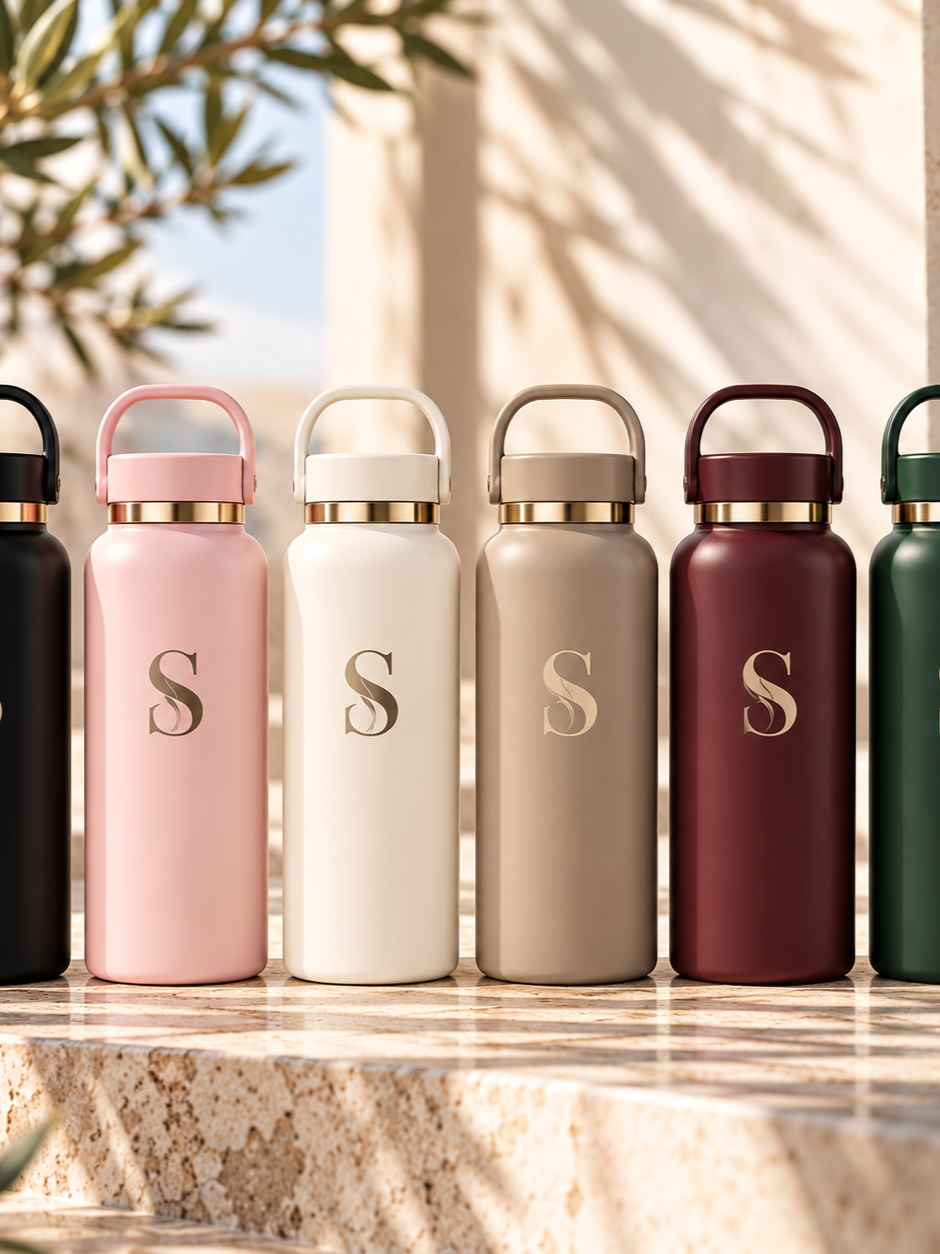 Six colorful insulated bottles with letter 'S' logos, arranged in a row on a marble surface outdoors.