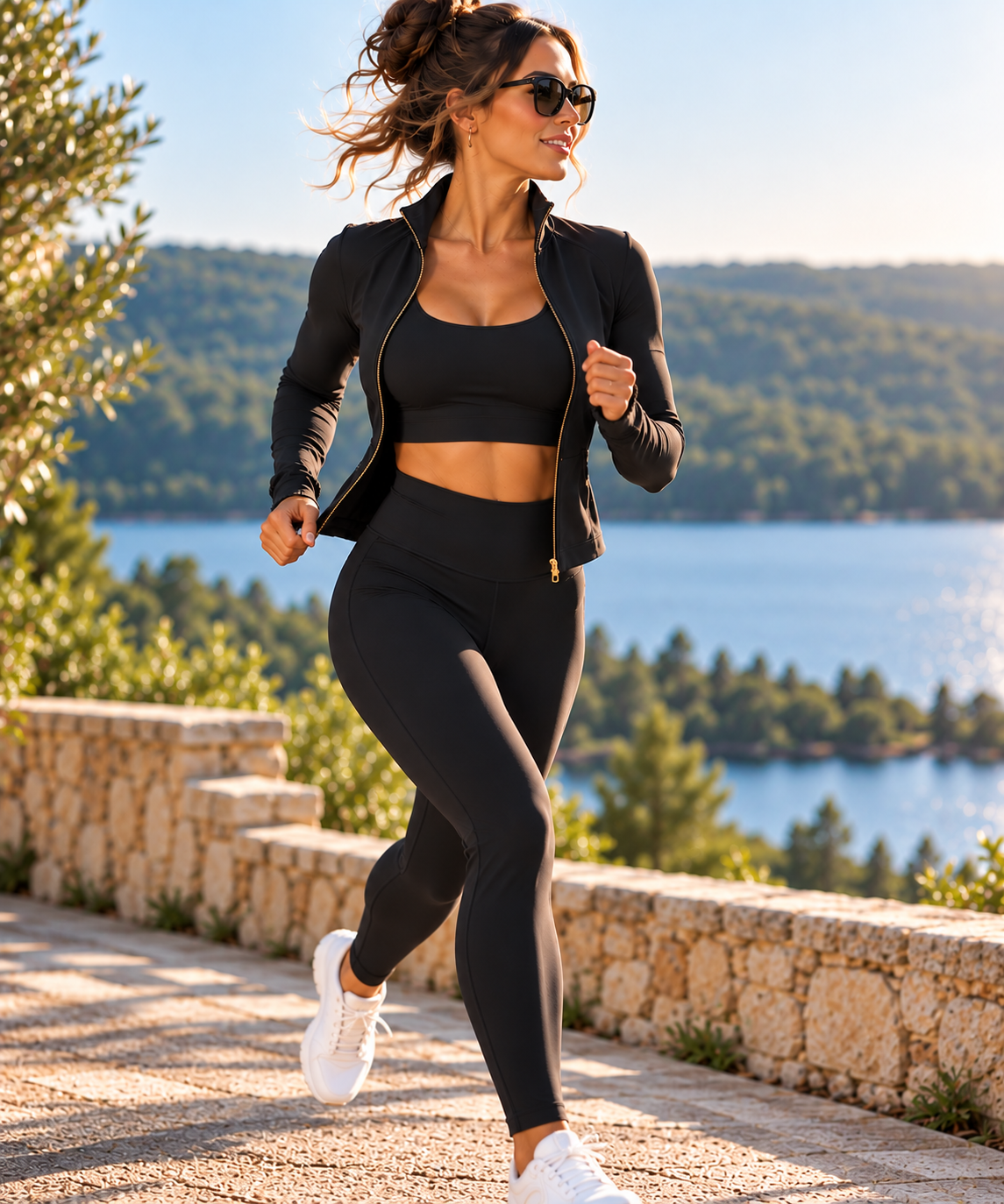 A woman jogging outdoors near a lake and green hills, wearing black athletic wear and sunglasses during sunset.