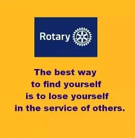 Rotary logo above a motivational quote about finding oneself through service, with a yellow background.