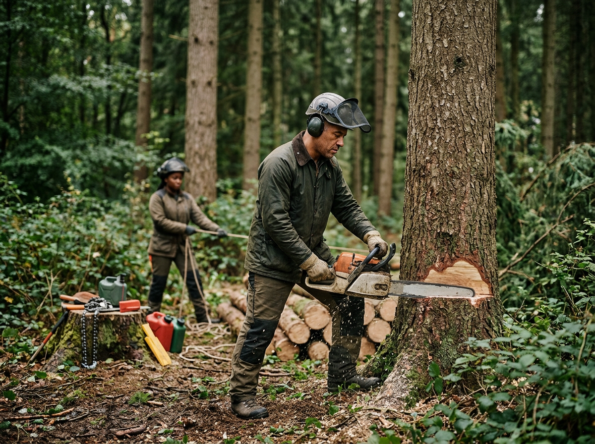 Two people cutting down a tree in a forest, one man using a chainsaw and a woman in the background with a pole saw, surrounded by logs and tools.