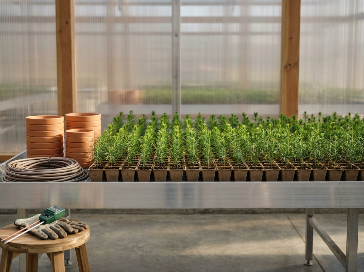 Multiple small potted pine saplings on a metal table in a greenhouse, with terracotta pots, watering system, and gloves nearby.
