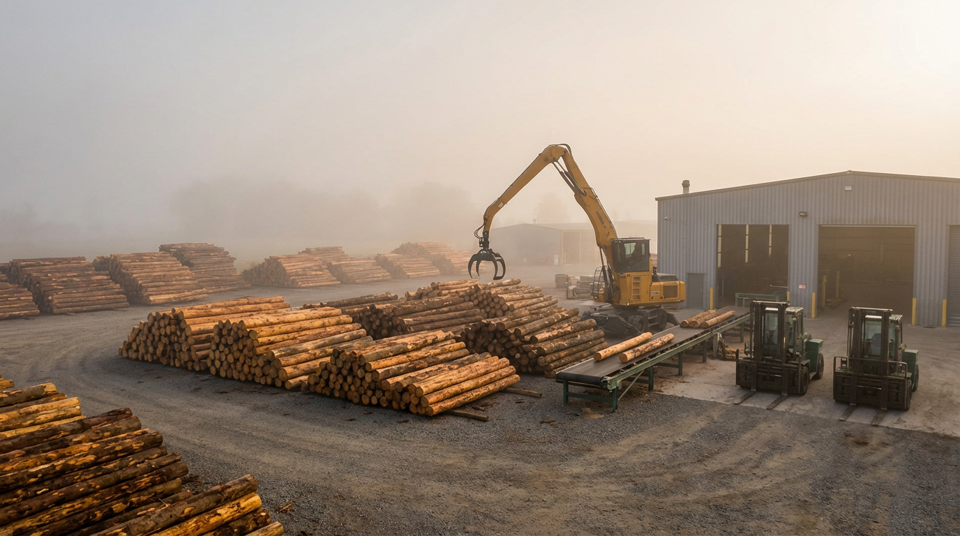 A lumberyard with stacks of logs, a yellow excavator with a grapple, and three forklifts outside a metal building.