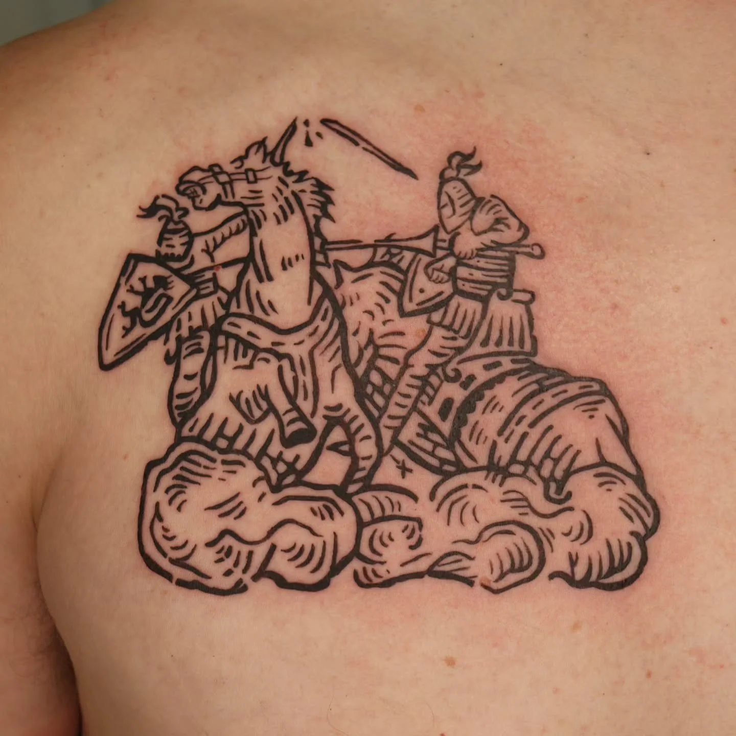 Jousting, based on an N.C. Wyeth illustration.
#tattoo #woodcuttattoo #nctattooers #durhamtattoo #raleightattoo
