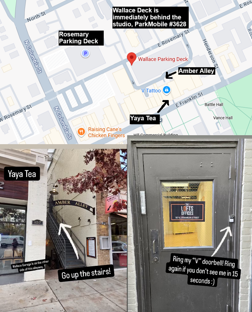 The image contains three photos and a map. The map shows a location near Wallace Parking Deck, Amber Alley, and Yaya Tea, along with nearby landmarks like Rosemary Parking Deck and Raising Cane's Chicken Fingers. The first photo depicts the exterior of Yaya Tea, showing a white building with stairs, a black sign reading "Amber Alley," and some trees. The second photo shows a black door with a sign for The Lofts Offices at 157 E. Franklin Street and a note to ring a "V" doorbell. The third photo features the entrance to Amber Alley, with a black arch sign reading "Amber Alley" and instructions to go up the stairs.
