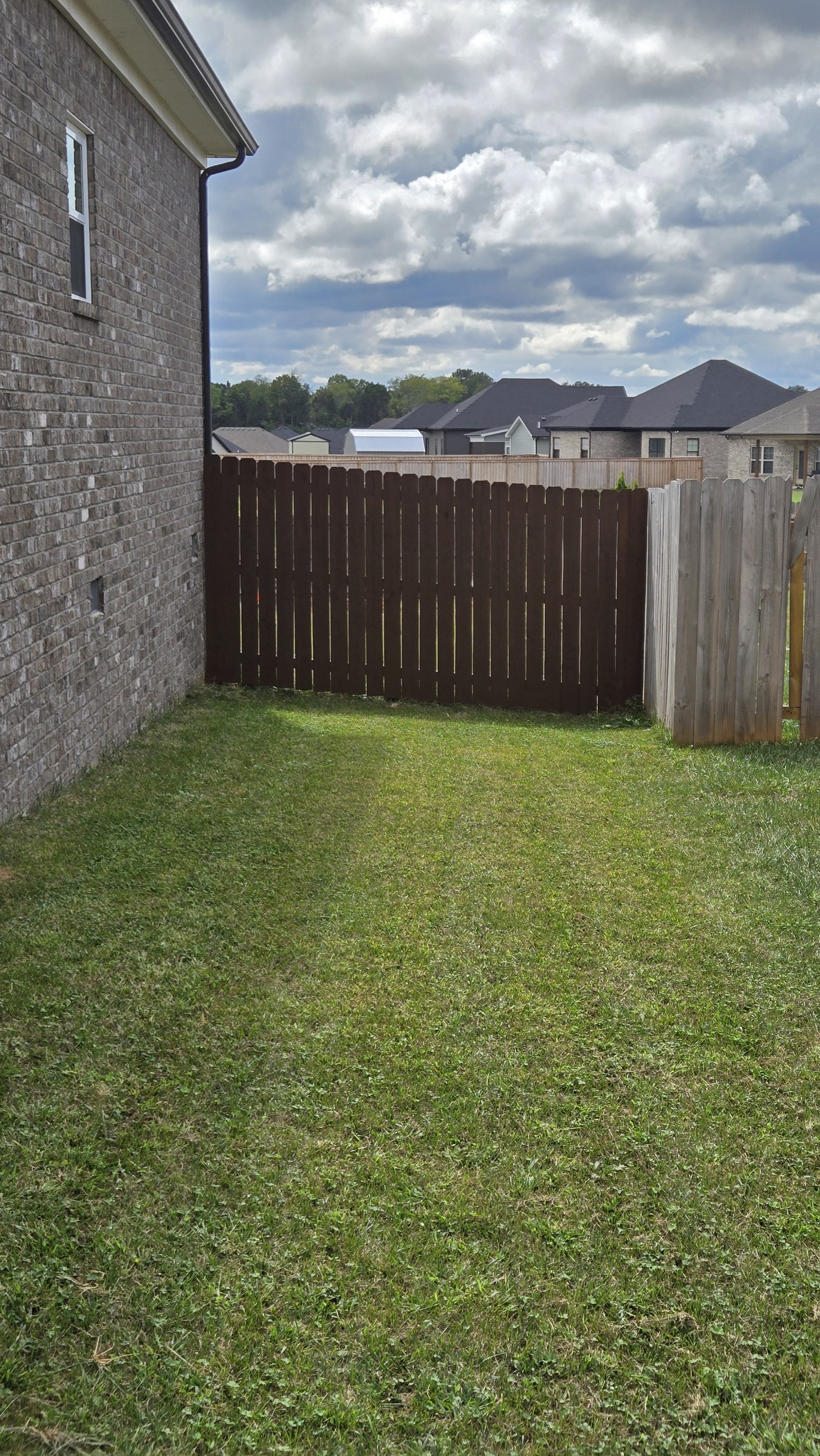 A backyard with a green lawn, a brown wooden fence, and neighboring houses under a partly cloudy sky.