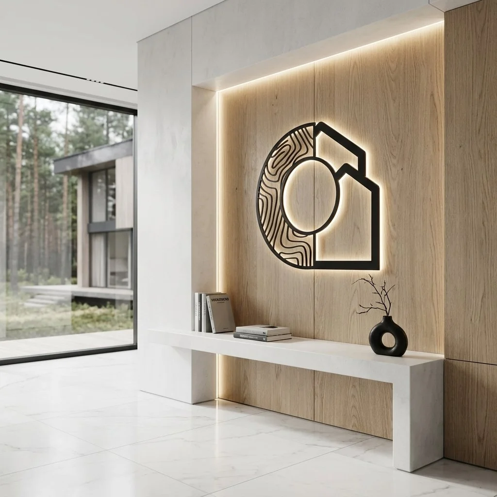 Modern interior with a wooden wall featuring a backlit metal art piece in geometric design, a white marble bench with books and a black vase with a branch, large window with a view of trees outside.