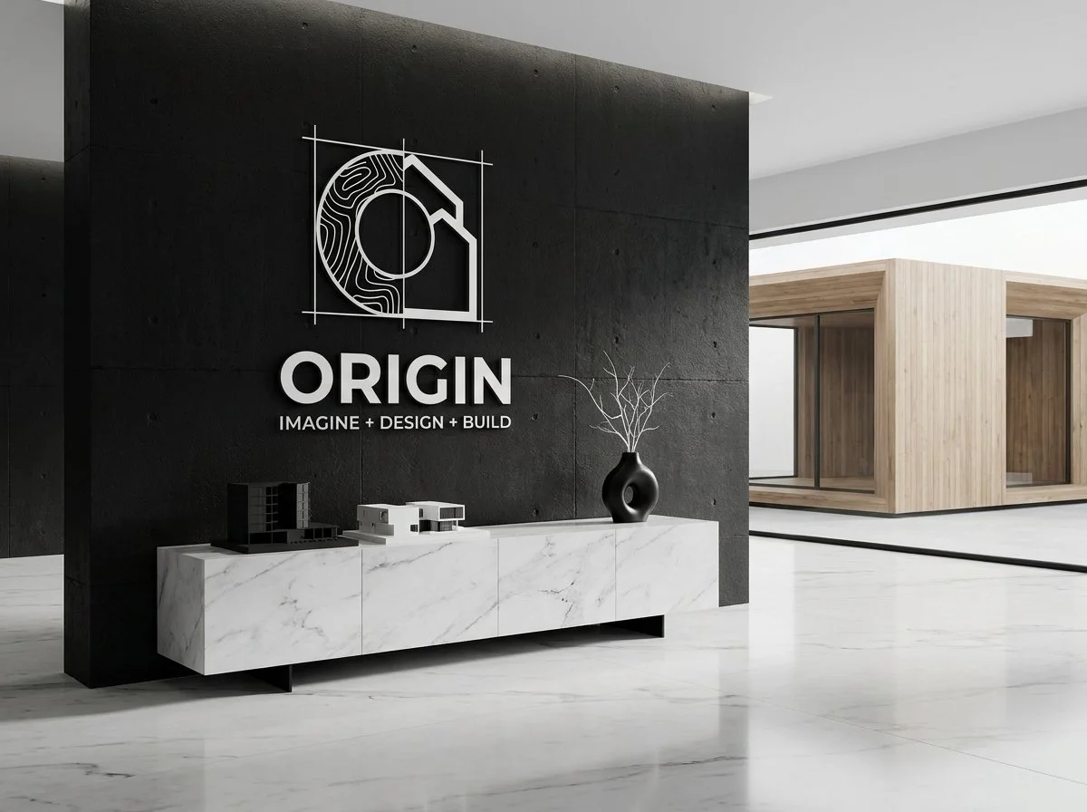 Modern interior with black accent wall displaying the logo and tagline of a company named ORIGIN, featuring the words "IMAGINE + DESIGN + BUILD," a white marble console table, a black vase with white branches, and a wooden room partition in the background.