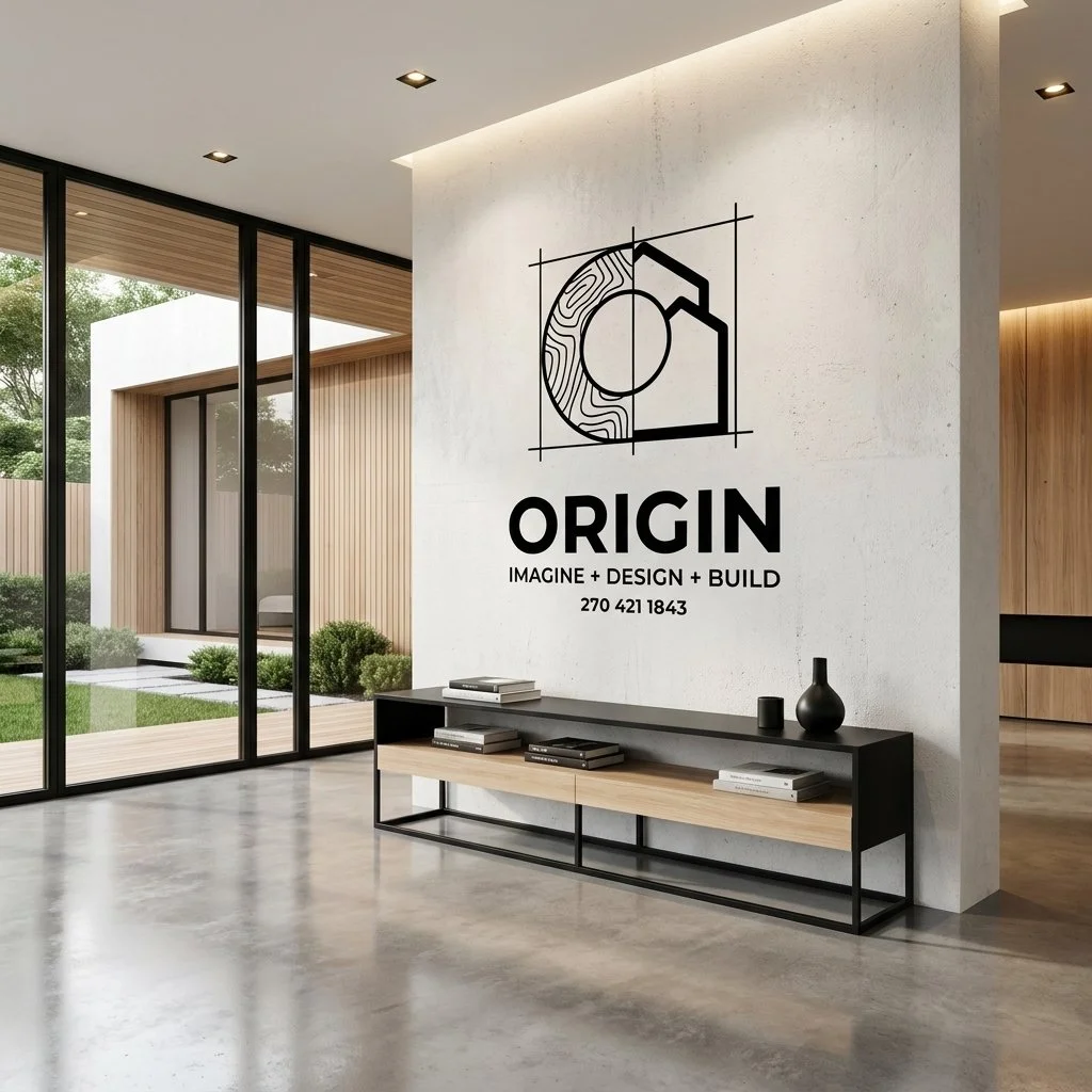Interior of a modern, minimalist home with large glass windows, a white wall with a logo and text, a black and wood console table with books and vases, and views of a backyard with greenery.