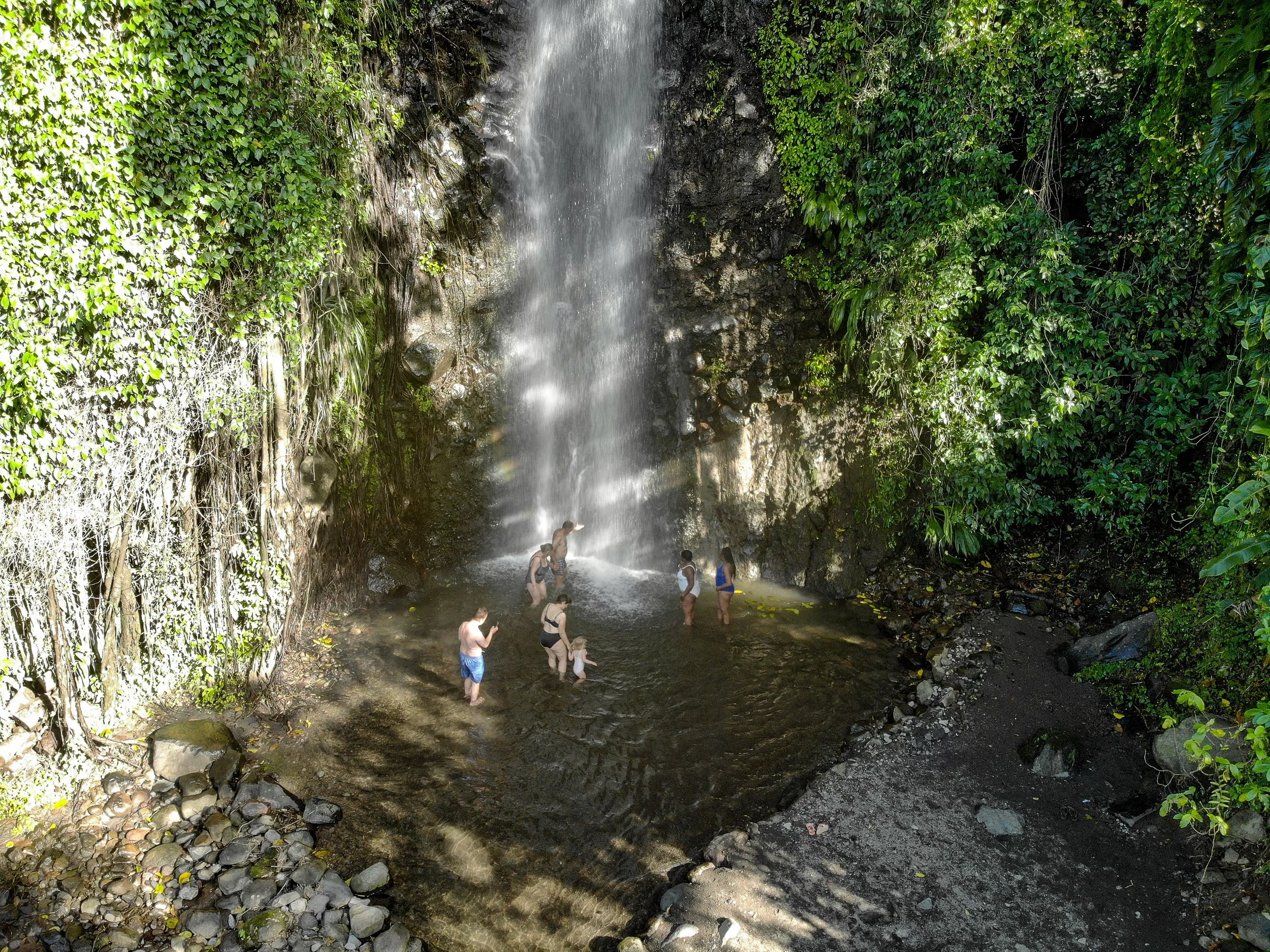 People standing in a shallow pool at the base of a waterfall surrounded by lush greenery.  This is located at Dark View Falls St Vincent