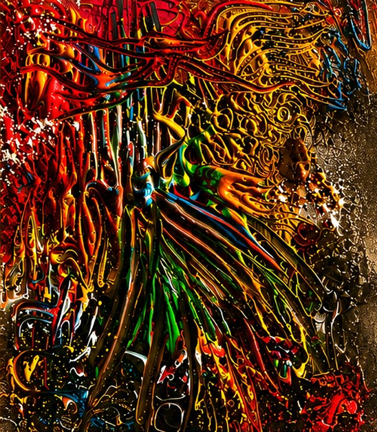 Colourful intuitive artwork featuring the face and mane of a lion.