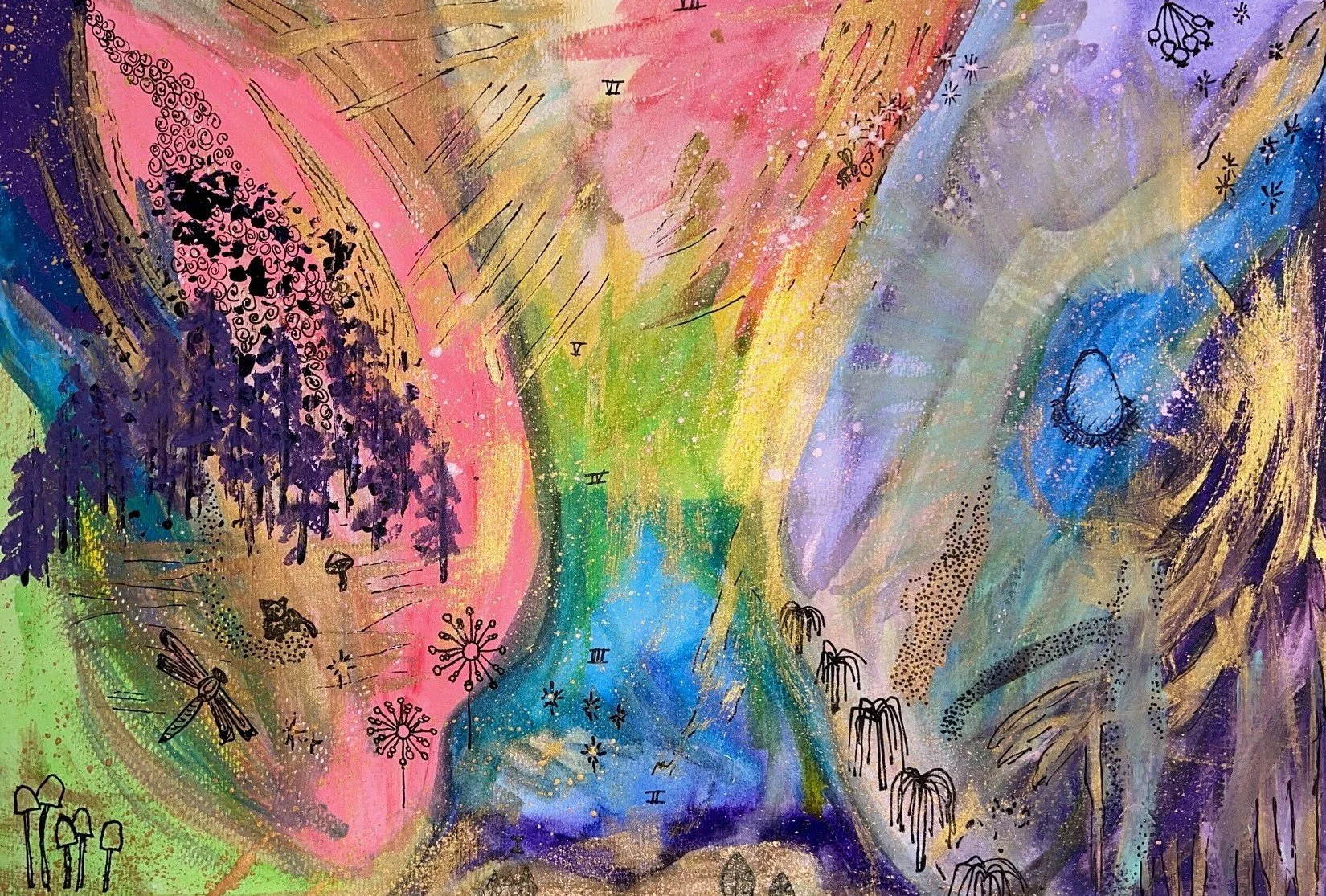 Colourful intuitive artwork in pink, purple, blue, green and yellow with fine illustrated details.