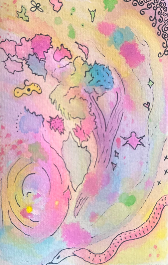 Pastel intuitive artwork featuring trees, stars, hearts, a snake and hand-drawn symbols.