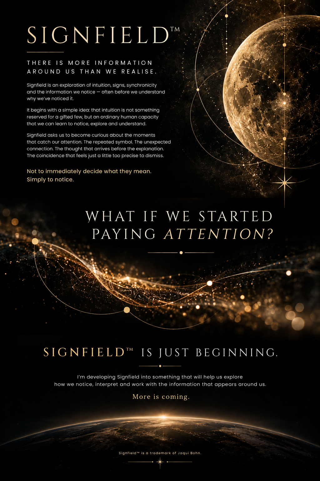 Dark Signfield™ artwork with golden celestial imagery, points of light and fine connecting lines.