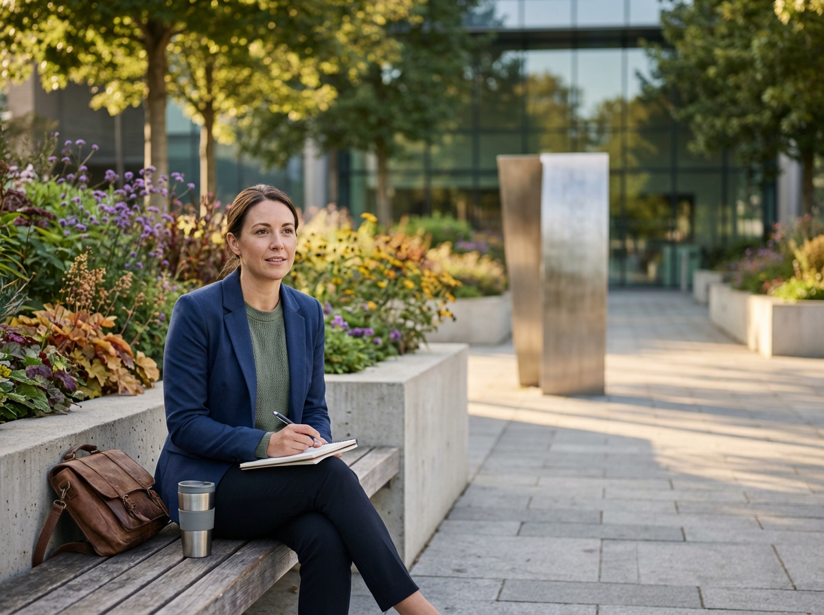 A woman sitting on a park bench during daytime with a notebook and a pen, surrounded by colorful flowers and trees.