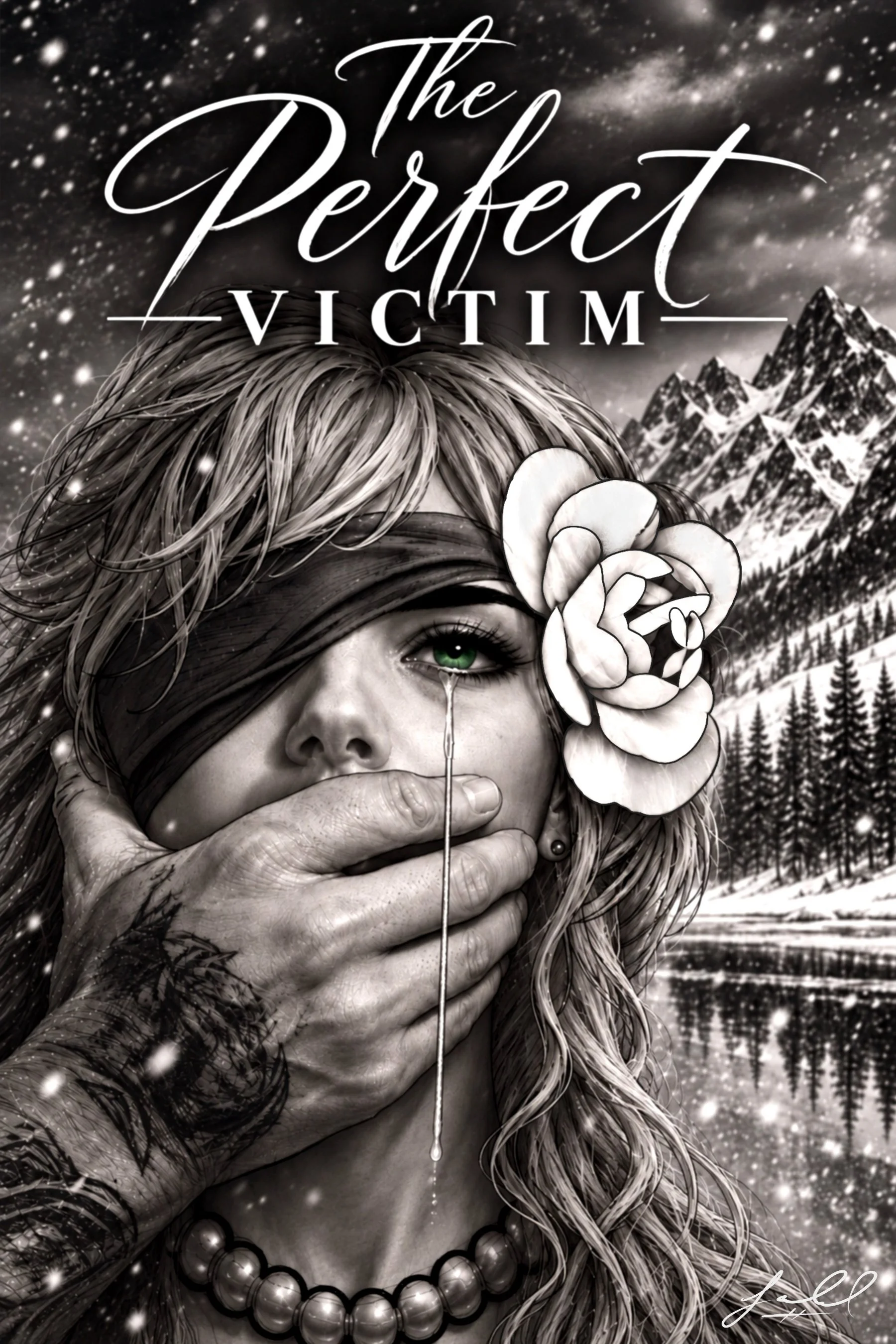 The Perfect Victim memoir cover featuring illustrated artwork of a woman, a white flower and a snowy mountain landscape.
