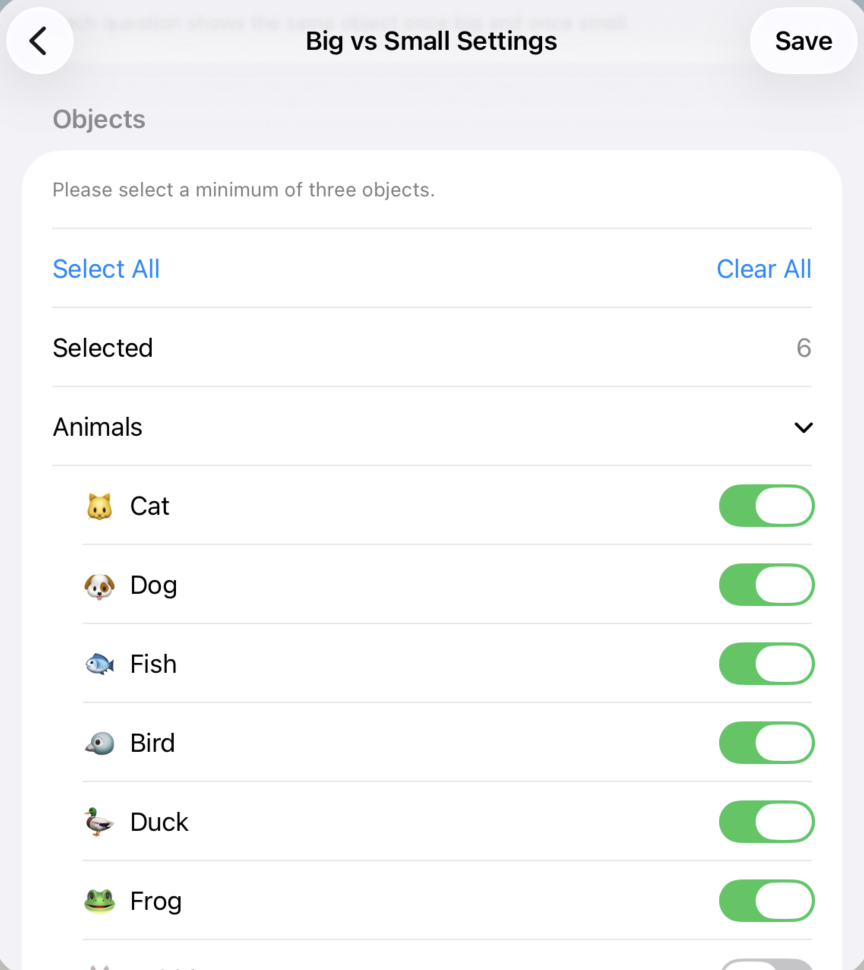 My Simple Learning App Big vs Small Settings
