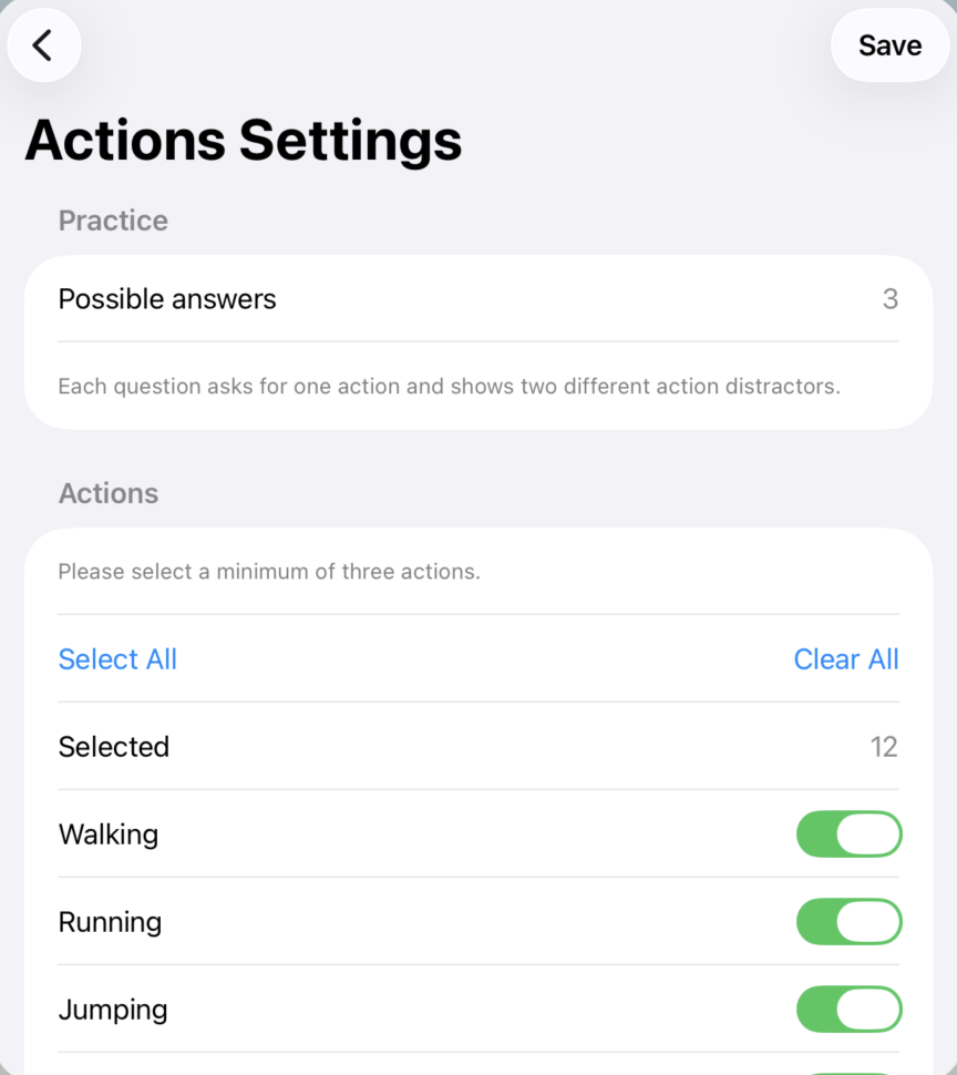 My Simple Learning App Actions Settings