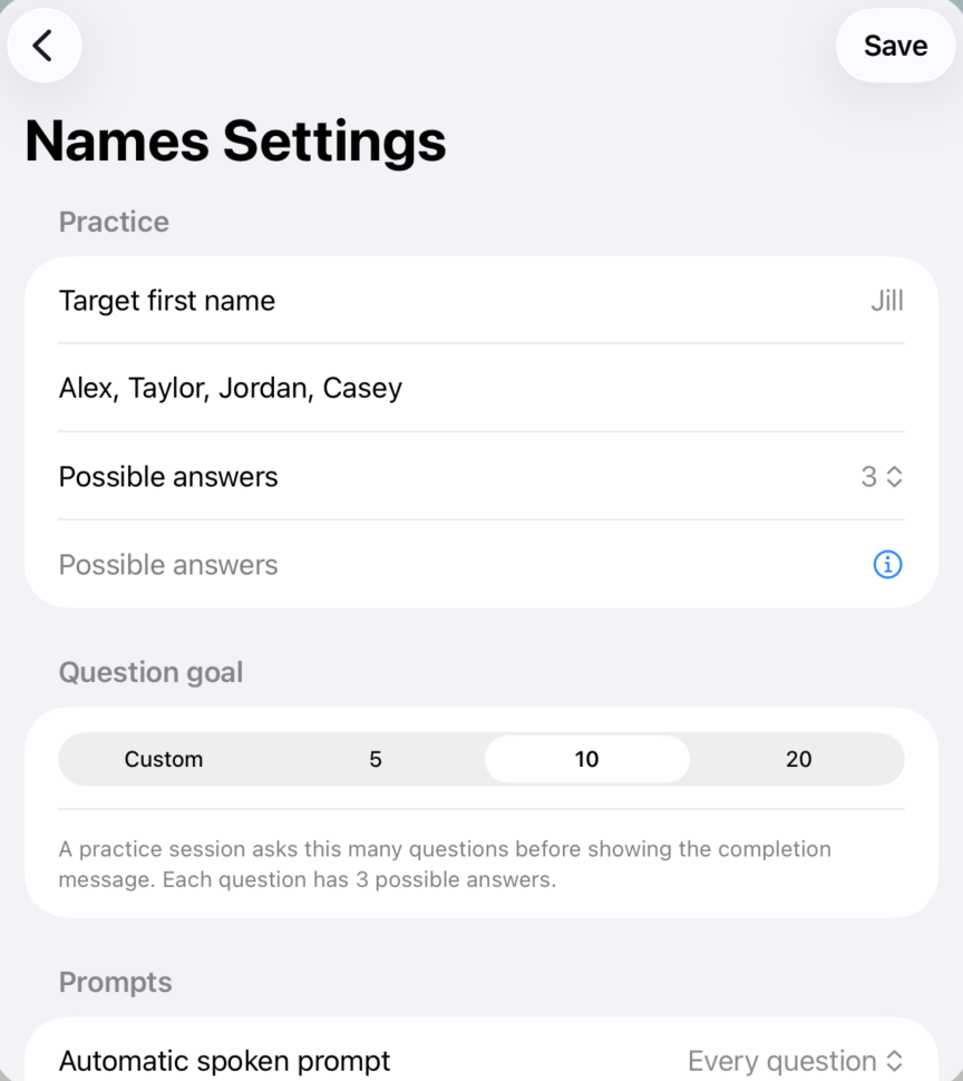 My Simple Learning App Names Settings