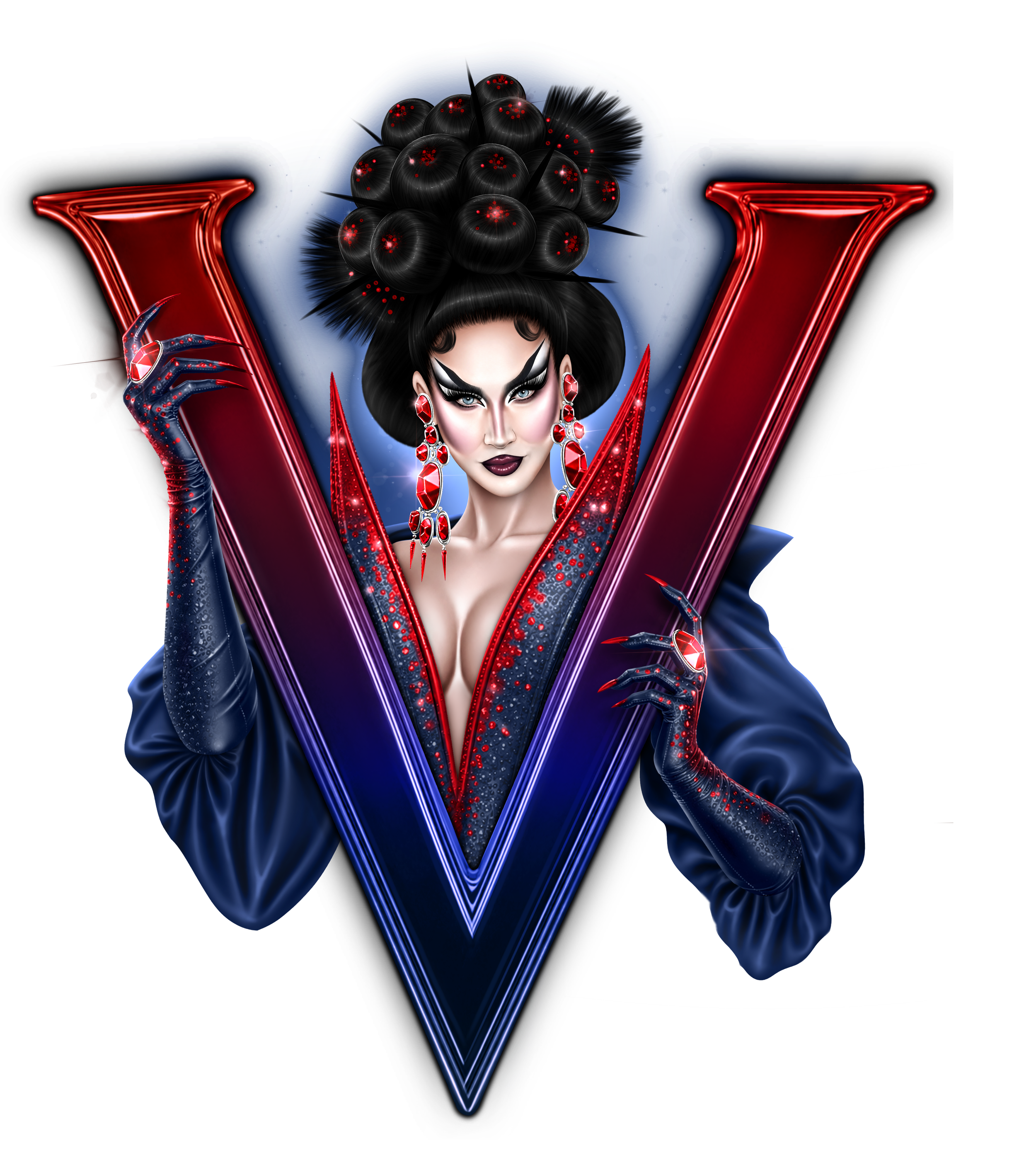 Digital artwork of a stylized woman with elaborate black hair adorned with red accents, wearing large red jewelry, surrounded by red and blue geometric shapes on a black background.