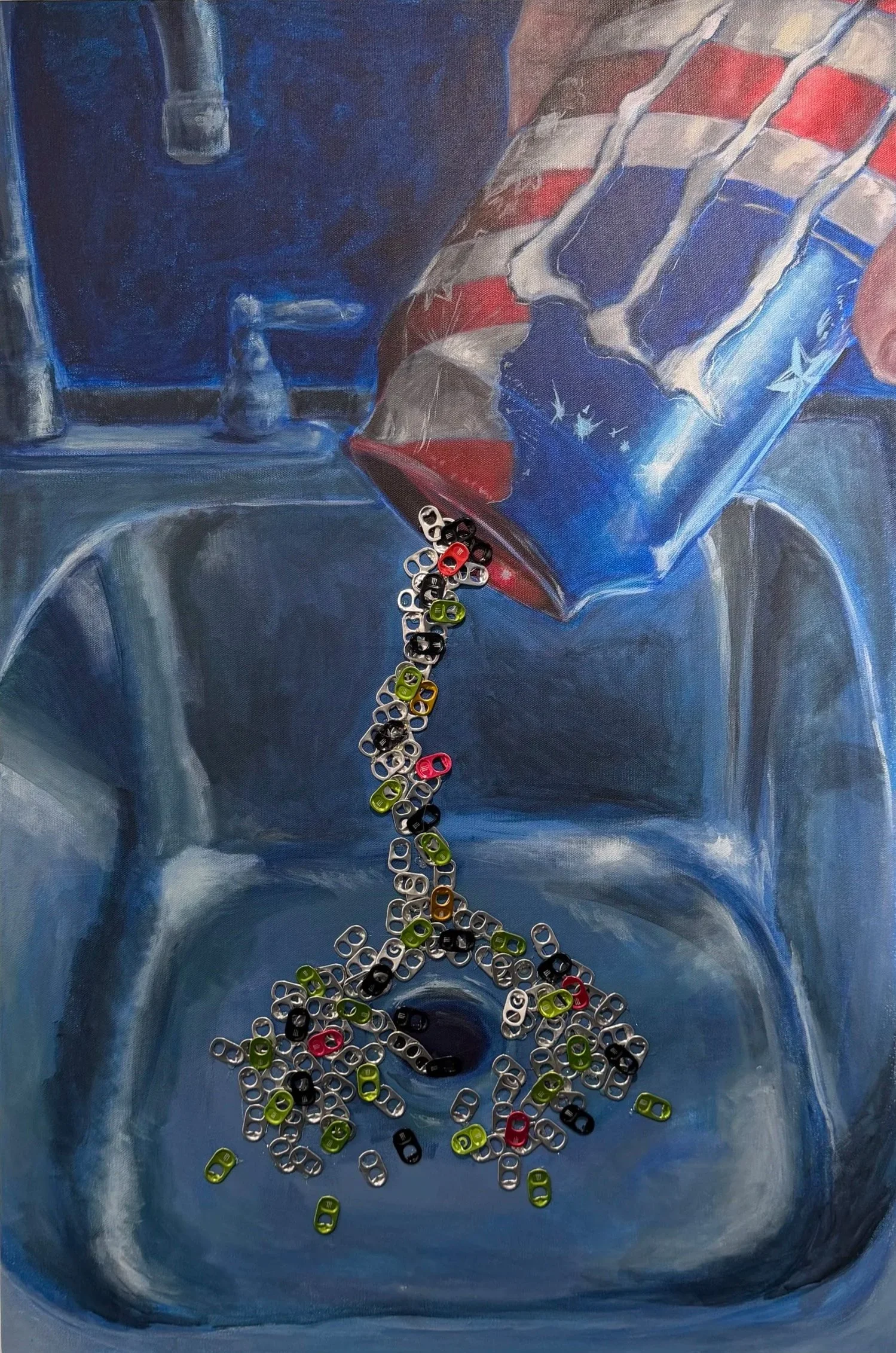 Down the drain, 24 x 36, acrylic on canvas and accumulated pull tabs, 2026