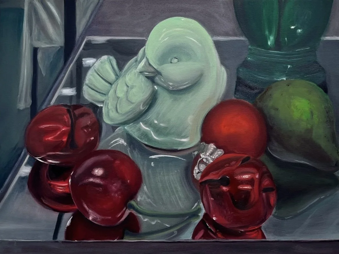 Complementary Still Life in Red and Green, 18 x 24 in, oil on canvas, 2024
